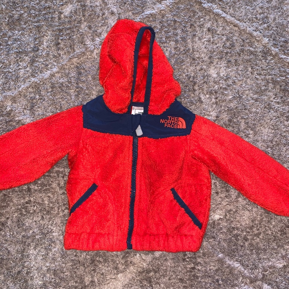 Infant Red and Navy Blue North Face zip up fleece
